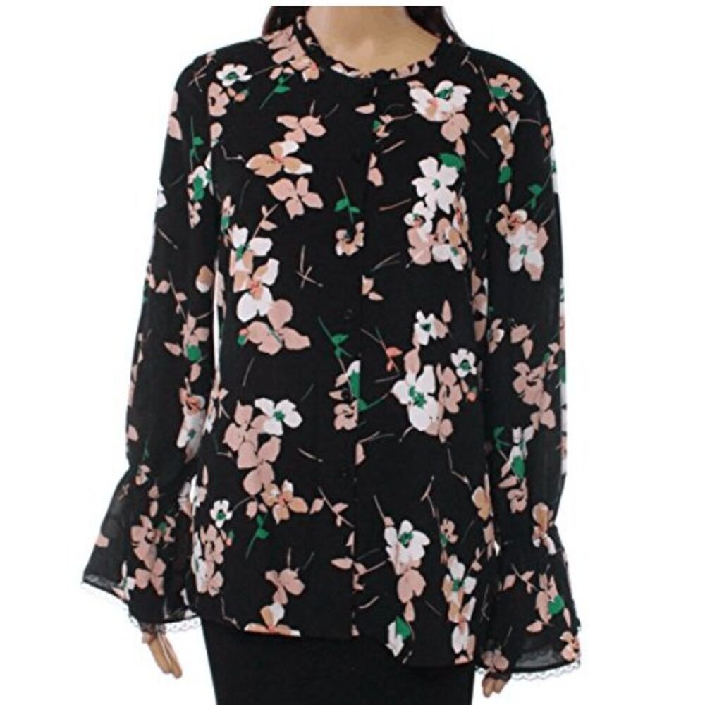 Karl Lagerfeld Paris Black Floral Button-Up Blouse Trumpet Sleeve Size Small